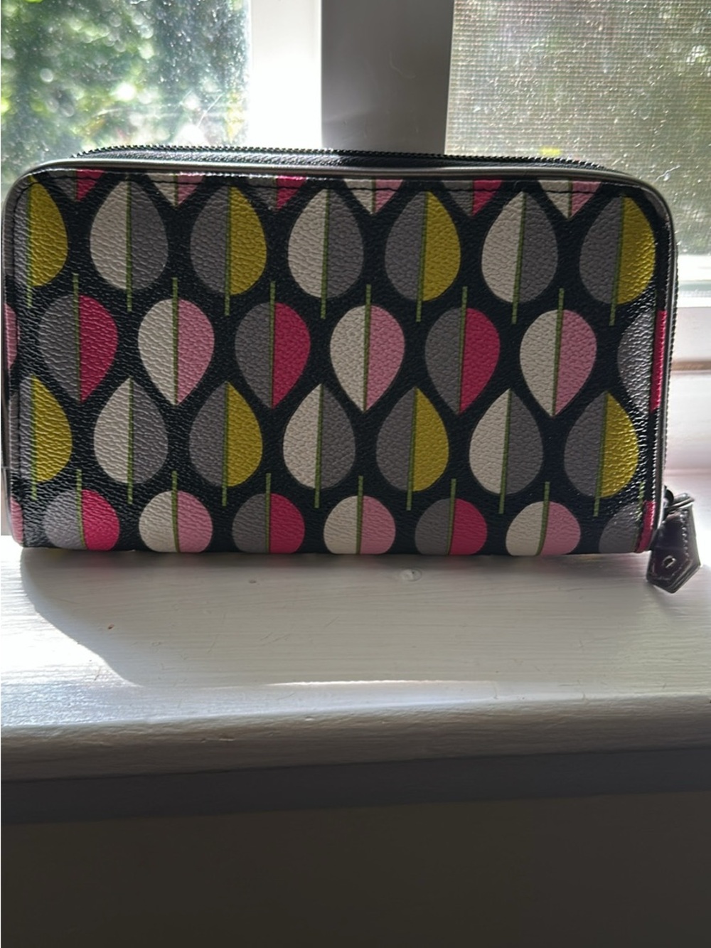 Vera Bradley Black Wallet with Pink, Yellow, Gray and White Leaf Pattern - Picture 2 of 4